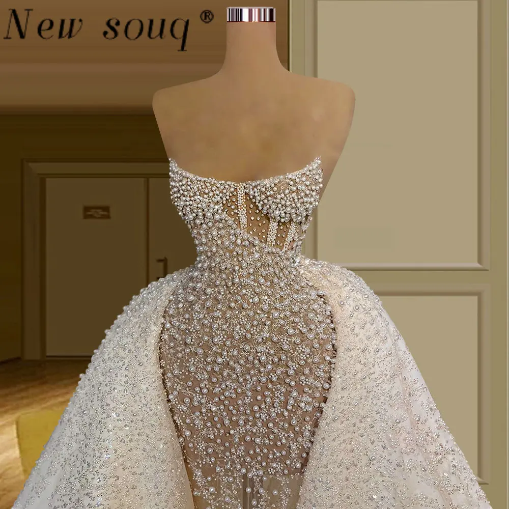 2023 Dubai Luxury Pearls Strapless Mermaid Wedding Dresses with Detachable Train Sexy Illuison 2 Pieces Overskirts Bridal Gowns