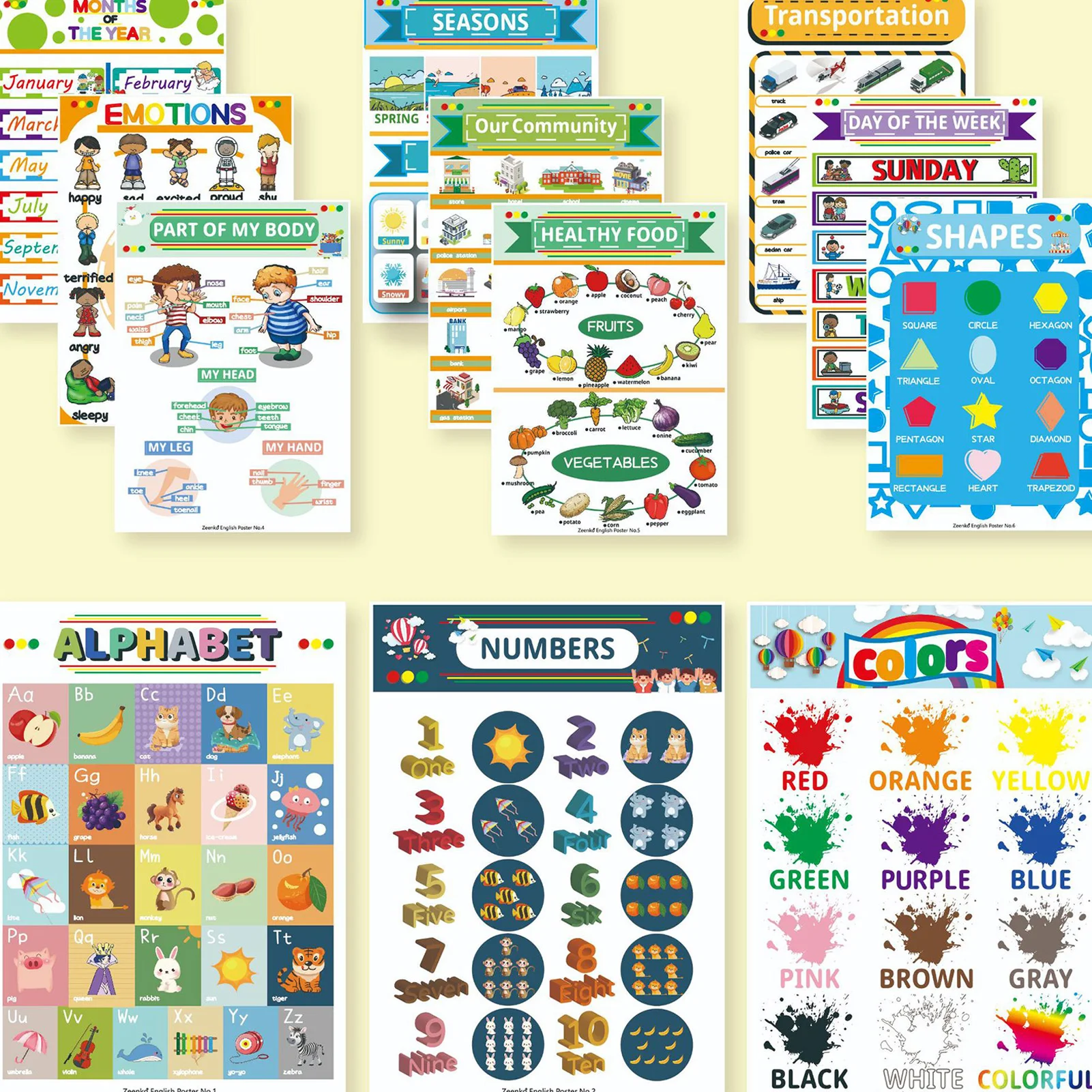12Pcs Educational Posters For Kids English Learning Charts With Vivid Illustrations For Home And Classroom