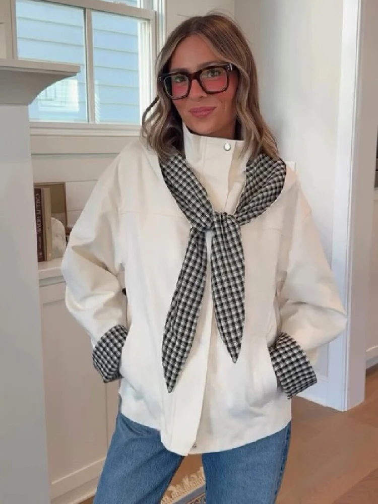Fashion Casual Hooded Jacket White Coat Women Plaid Scarf Collar Contrast Cuff Tie Zipper Button Loose Autumn Daily Streetwear