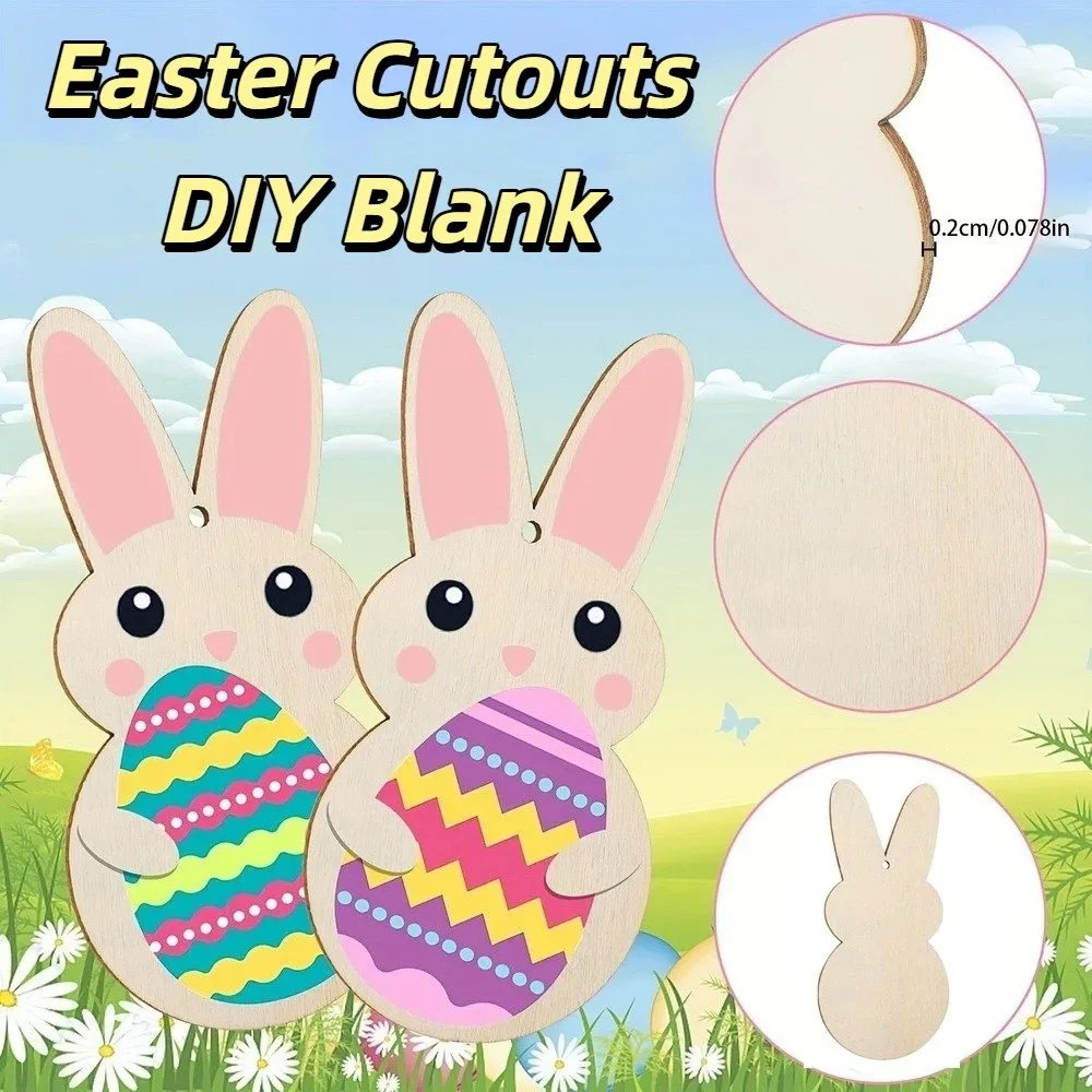 24pcs/set DIY Color Easter Bunny Wood Card Unfinished Painting Toy Easter Rabbit Craft Smooth Pendant Blank Bunny Wood Slices