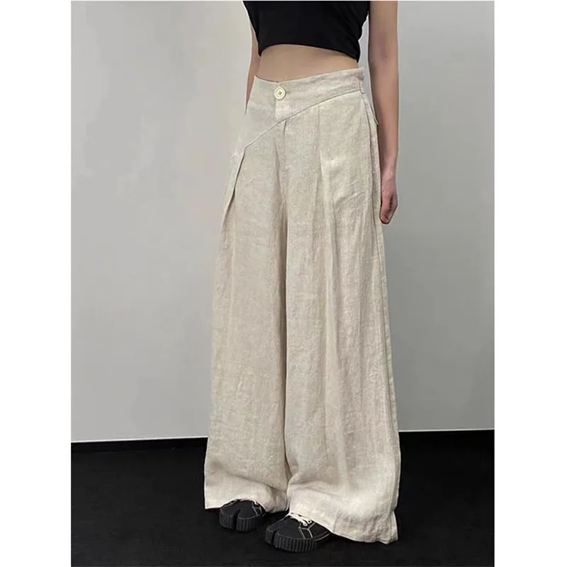 

Japanese Cotton Linen Wide Leg Pants Women Irregular Waist Summer Pants One Button Loose Pleated Full Trousers