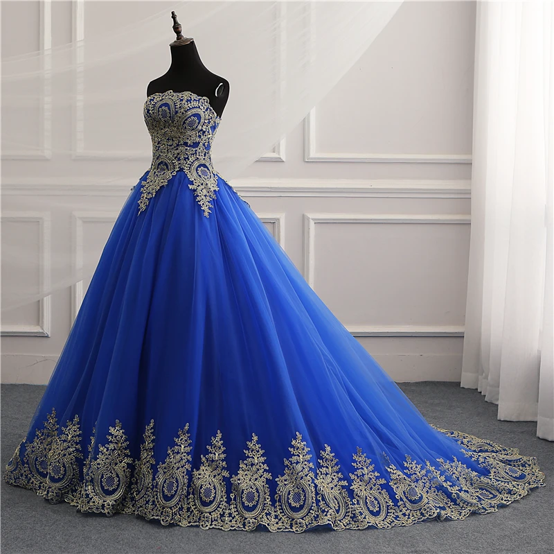 Royal Blue Light Gold Lace Appliques Strapless Quinceanera Dresses For Girl Floor Length Or With Train Ball Gown Dress Sweet 15