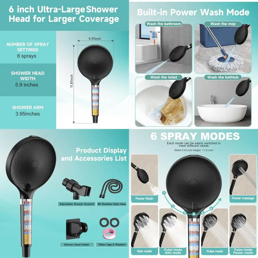 

6-Setting Shower System with Handheld, High-Pressure Filtered Showerhead for Hard Water, Matte Black