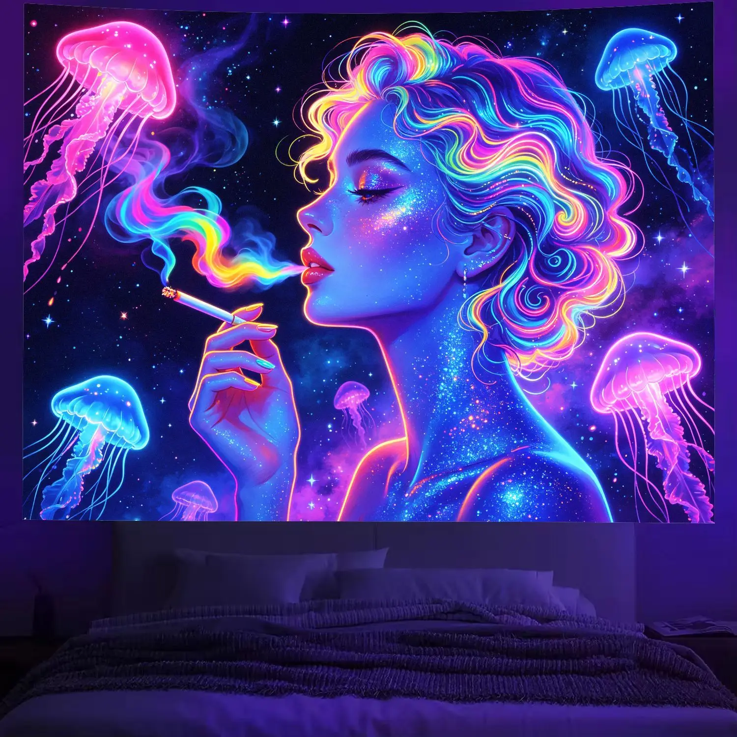 VIKAMA Psychedelic Cosmic Lady Jellyfish Tapestry Rainbow Smoke Starry Sky Fantasy Wall Hanging Bedroom Decor, Home Decor