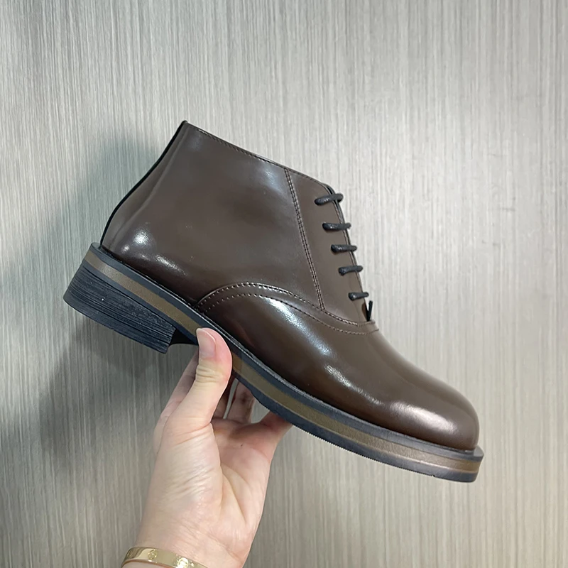 

Autumn Winter Men's Brown Glossy Leather Ankle Boots, Lace Up &amp Side Zipper Design Round Toe Low Heel Fashion Casual Boots