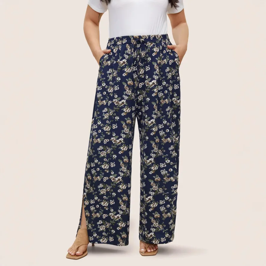 جديد مريح وغير رسمي فضفاض طباعة الأزهار الدانتيل يصل الشق تنحنح السراويل واسعة الساق السراويل الطويلة