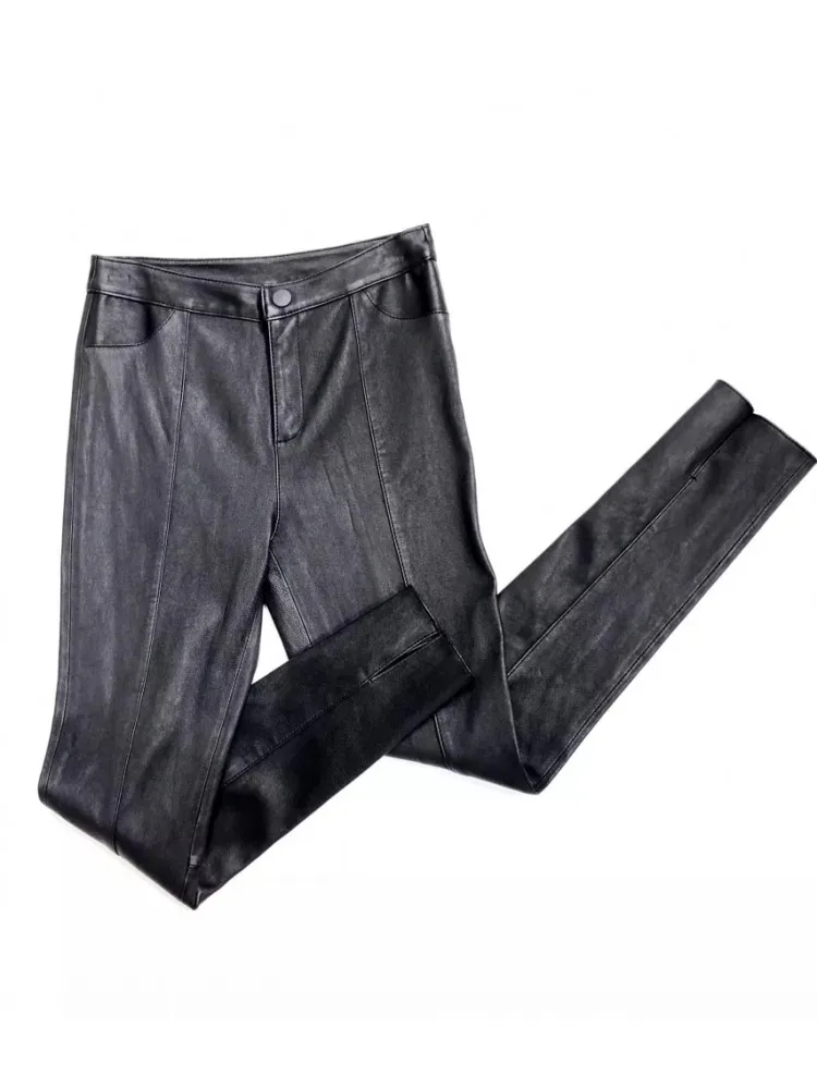 New Women Sheepskin Genuine Leather Pencil Pants Spring Autumn Slim Fit Stretchy Ankle Length Trousers Leather Motorcycle Pants - Image 6