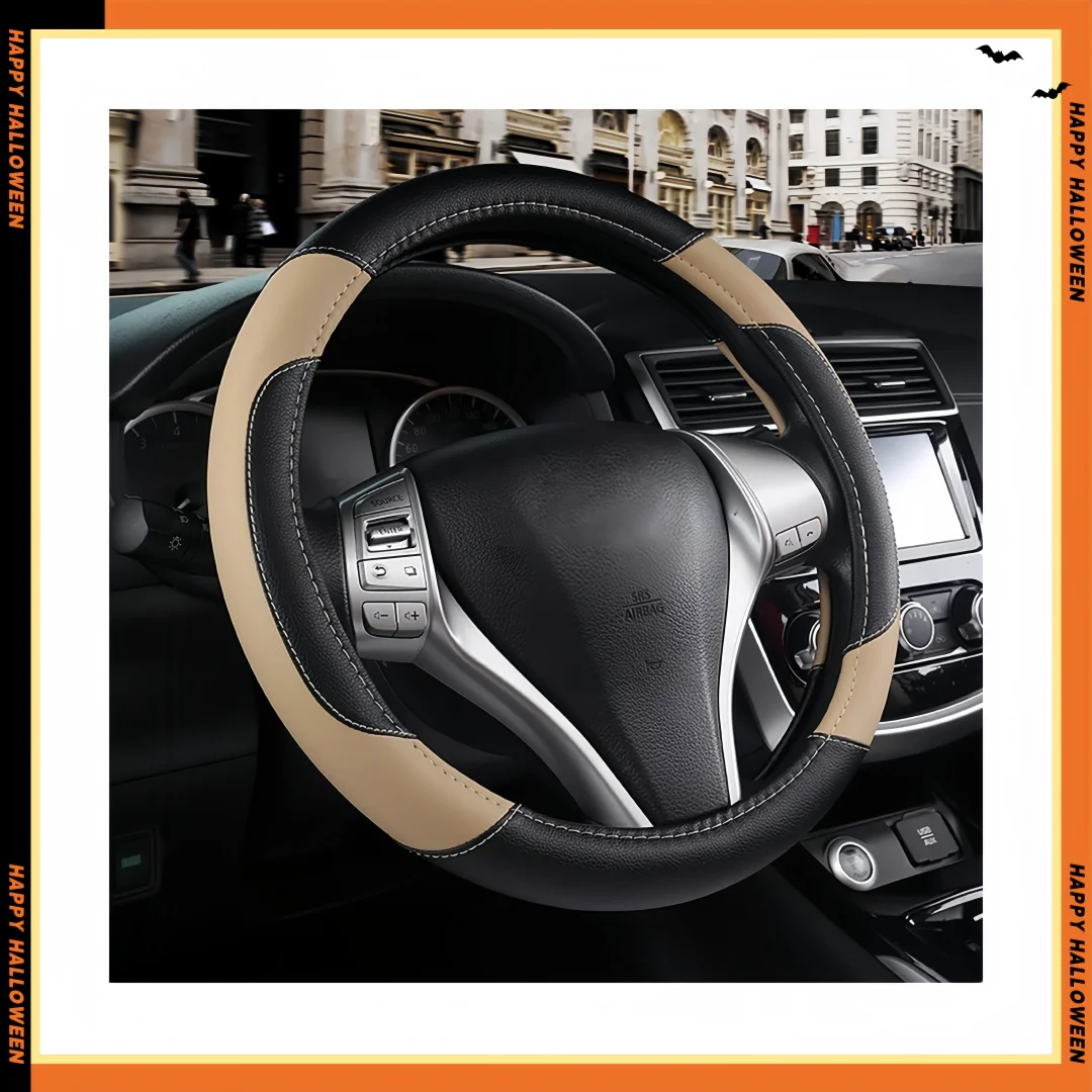 

Leather Steering Wheel Cover - Non-Slip Grip & Breathable, Universal Fit for Cars, Trucks, SUV (Beige)