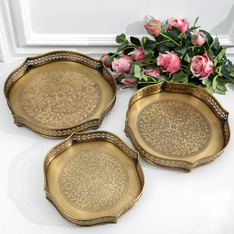 India imported brass handmade tea  dim sum tray retro luxury coffee table restaurant fruit tray bedroom aromatherapy