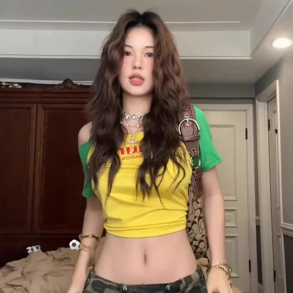 

2026 Summer Contrast Patchwork Slim Crop Top Asymmetric Neck Off Shoulder Short Sleeve Tee Unique Streetwear Ladies Fitted