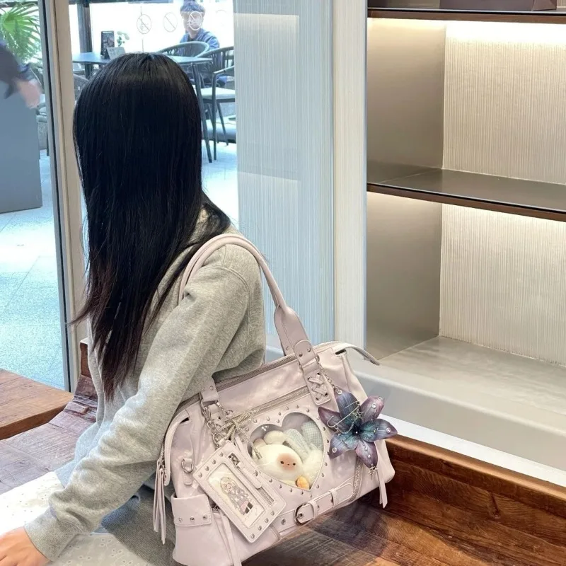 Motorcycle Bag Handheld Rivet Head Layered Oil Wax Cowhide Crossbody Women's Bag Cool And Spicy Girl Retro Style Tote Bag - view 6