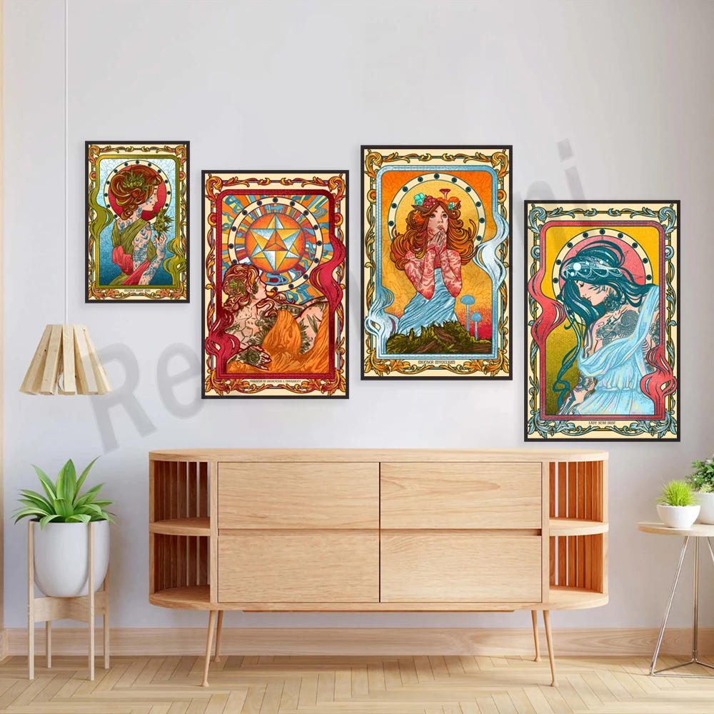 Meditation and tranquility woman art nouveau print, stardust lady art, suitable for bedroom, office wall decor poster