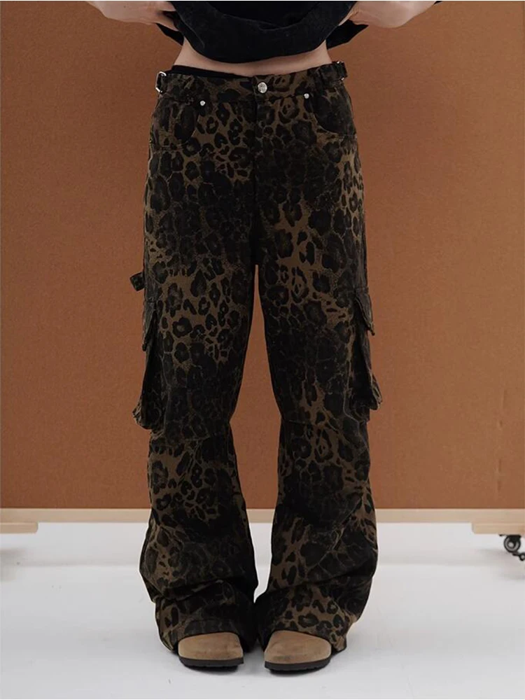 Women Leopard Cargo Jeans Baggy Y2k 90s Aesthetic Streetwear Denim Trousers Vintage Harajuku High Waist Jean Pants 2000s Clothes