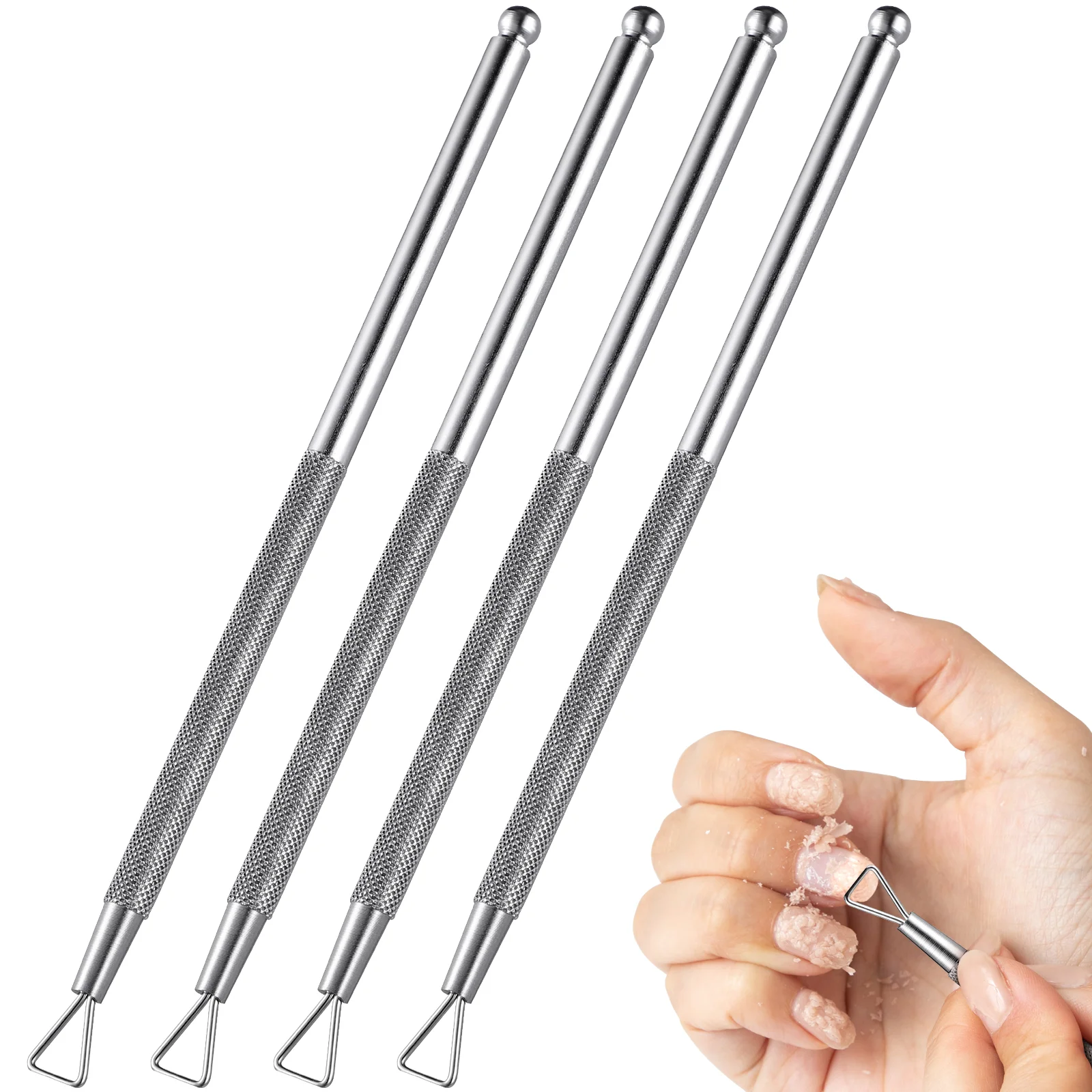 Outils de nettoyage pour enlever le vernis à ongles, grattoir à ongles, design triangulaire, autocollant en vrac, argent, acier inoxydable, 4 pièces