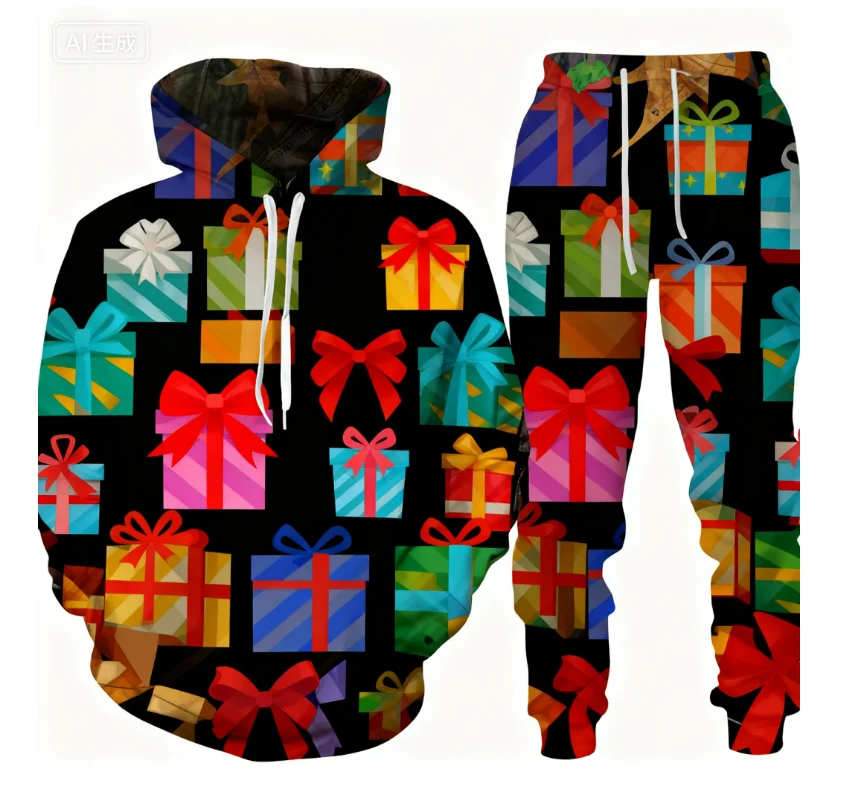 عيد الميلاد قطعتين هوديي بانت مجموعات سانتا كلوز ثلاثية الأبعاد طباعة مجموعة الرجال النساء موضة هوديي + مجموعة بناطيل رجالي هدايا عيد الميلاد بدلة رياضية #2