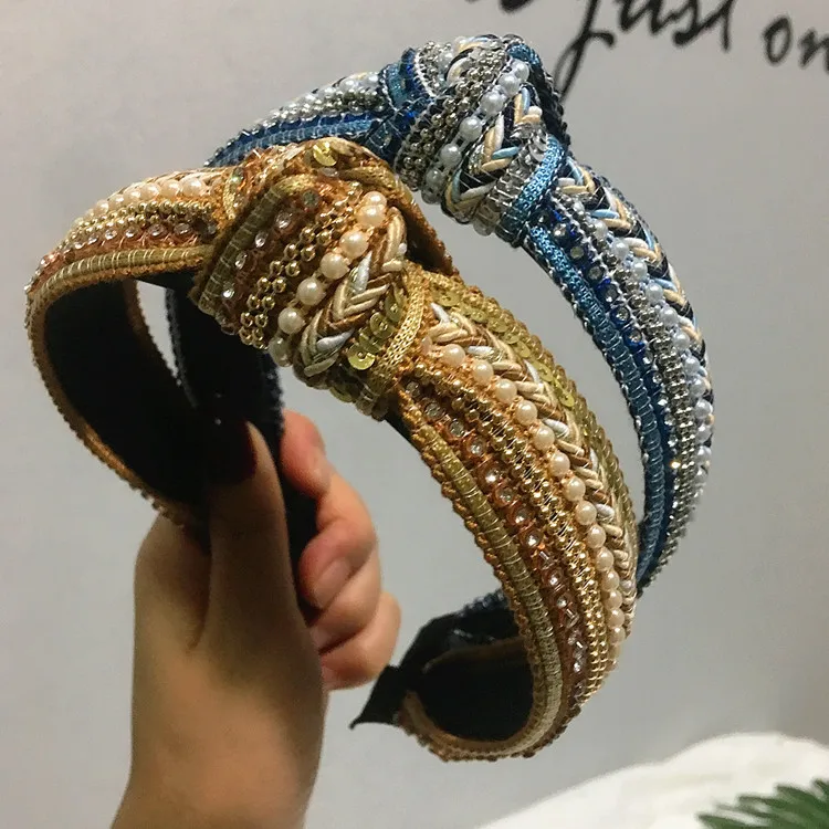 

Korean version new sequin headband wide retro women's Korean small fragrance style middle knot hair accessory