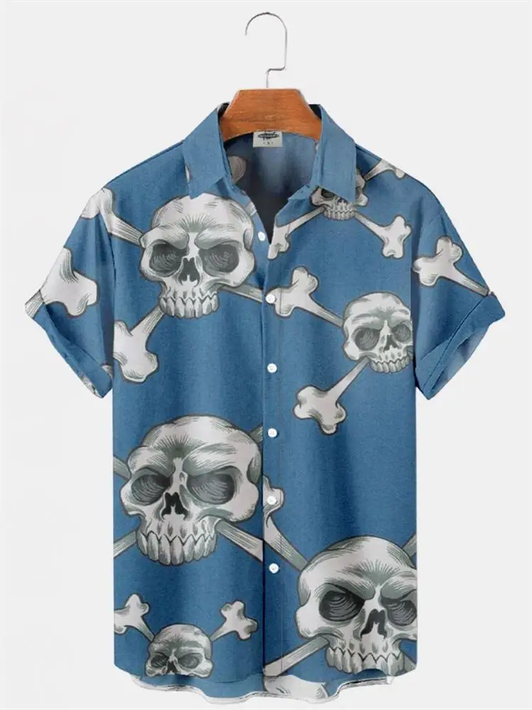 Summer Men\'s Hawaiian Beach Casual Shirts Skull 3D Printed Short Sleeves Lapel Style Retro Fashion Floral Imported Clothing