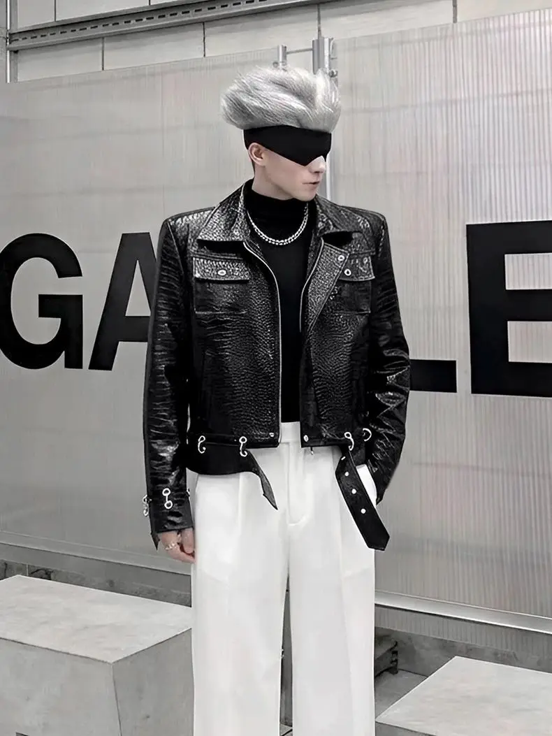 High-end Red Personalized Motorcycle Style PU Leather Jacket For Men Crocodile Pattern Short Trendy Coat Mens Clothing Hiphop