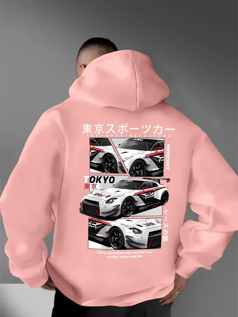 Hinter den Elementen der japanischen Tokyo Motor City steckt ein großformatiger, bedruckter Herren-Kapuzenpullover im lässigen Street-Style, ein Sweatshirt. – Detail 10
