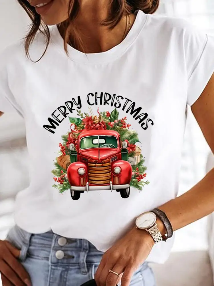 Watercolor Truck Style Women Fashion Merry Christmas New Year Holiday Tee Clothing Print Graphic Short Sleeve T Female T-shirts