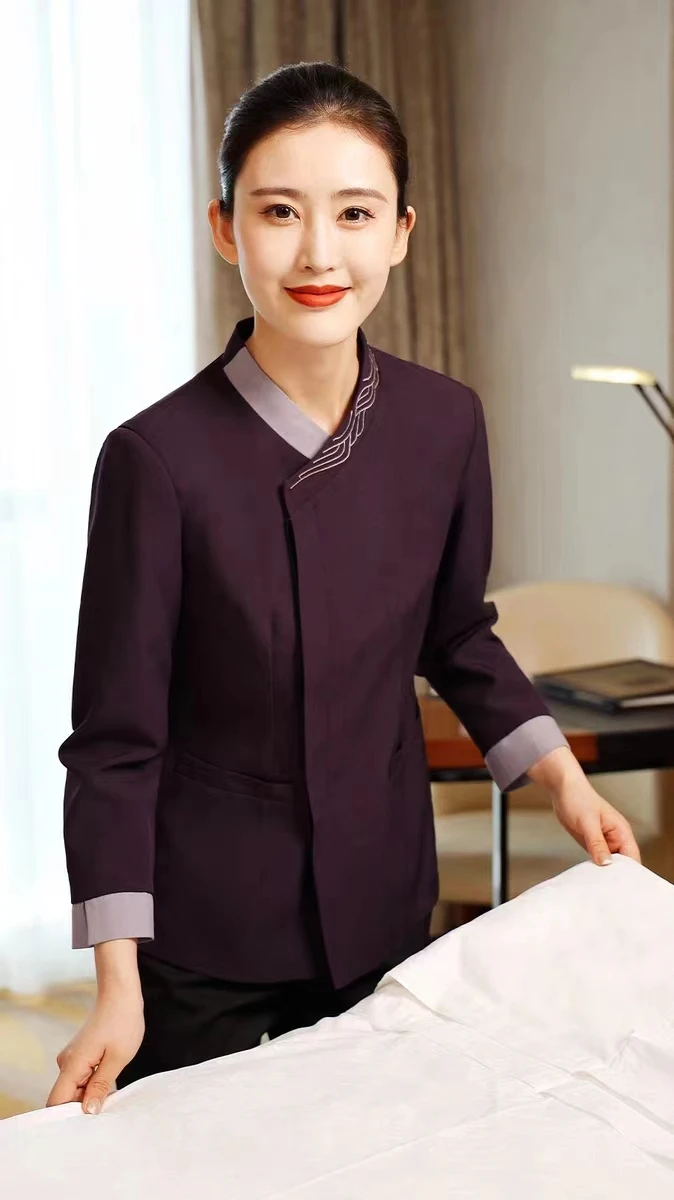 Five Stars Hotel Cleaning Work Clothes Female Guest Hotel Room Cleaning Purple Top and Pants Set Housekeeping Cleaner Uniform