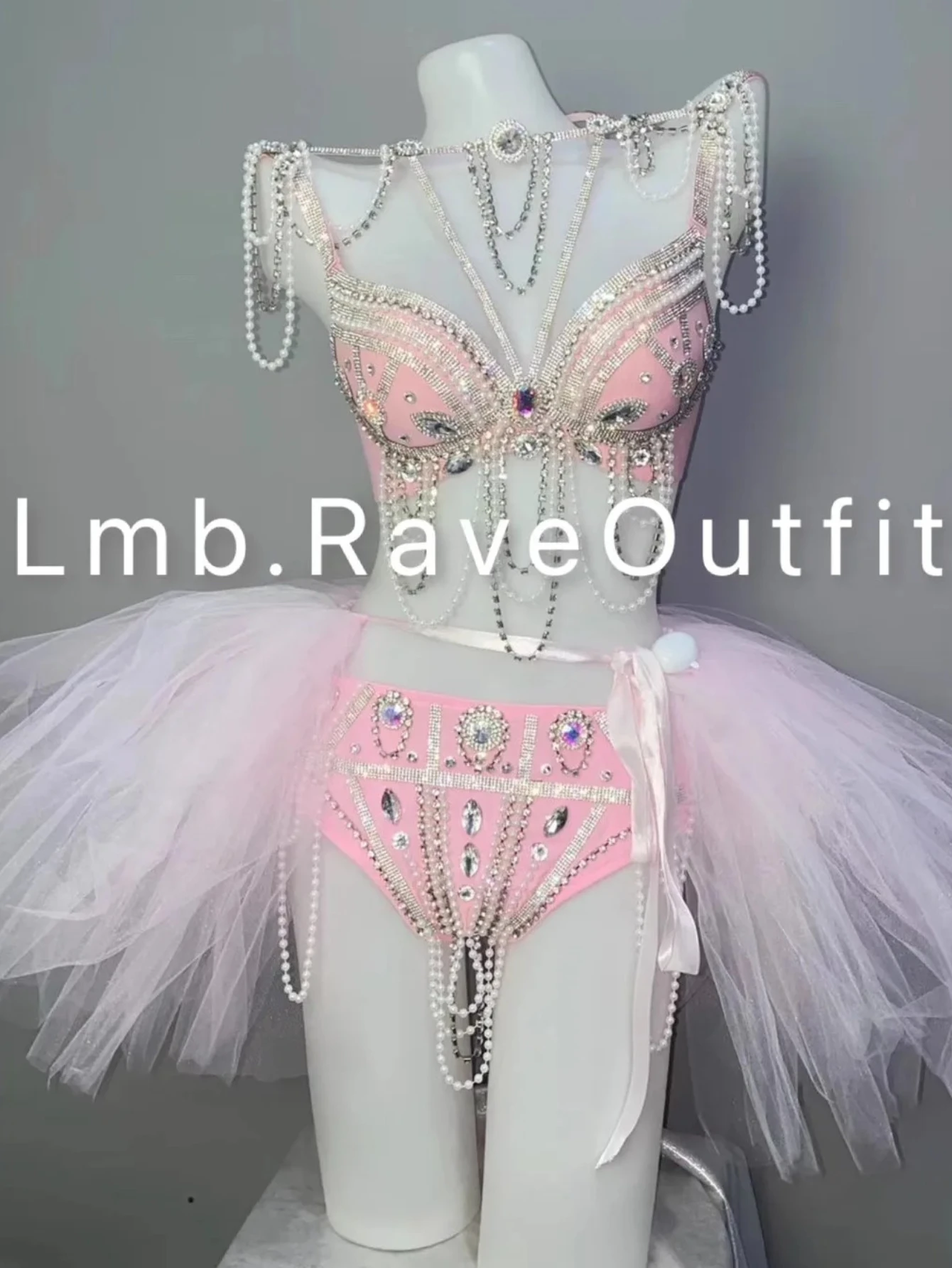 Pink Diamond Pearl Tassel Bikini Set+Tutu Skirt Electric Syllable Nightclub Bar Sexy Singer DJ Dance Stage Party Rave Costume