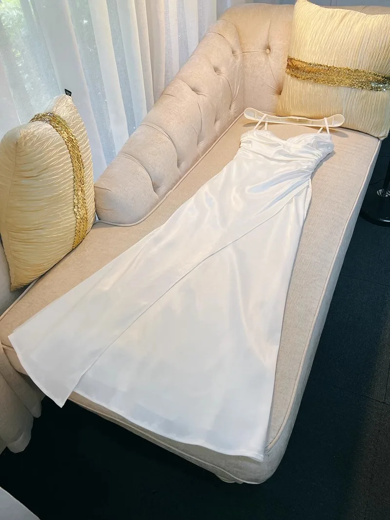 Ele branco plissado strapl dr feminino outono novo sle emagrecimento diamante colarinho vestido de baile longo dr tecido de cetim macio