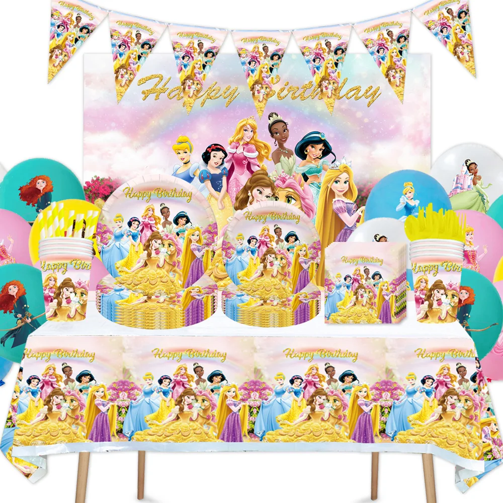 

Princess Party Theme Decor Kids Girls Birthday Supplies With Cup Plate Tablecloth Background Gift Bag Banner For Baby Shower