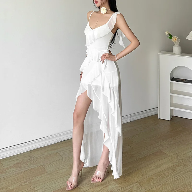 الصيف موضة الخامس الرقبة فساتين عارية الذراعين مكدسة مثير الأبيض فستان طويل المرأة سليم صالح السباغيتي حزام قميص Coquette Y2k الملابس