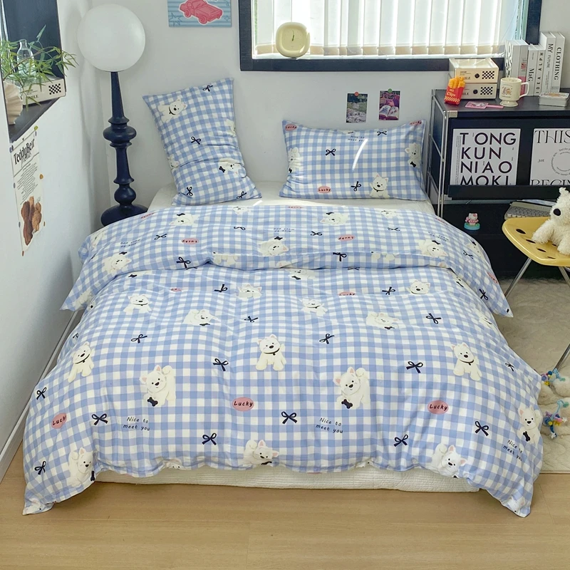 Blue Plaid 100% Cotton Duvet Cover, Cute Cat Pattern Reversible Comforter Cover, Girls Bedroom Cartoon Bow Design King Bedding