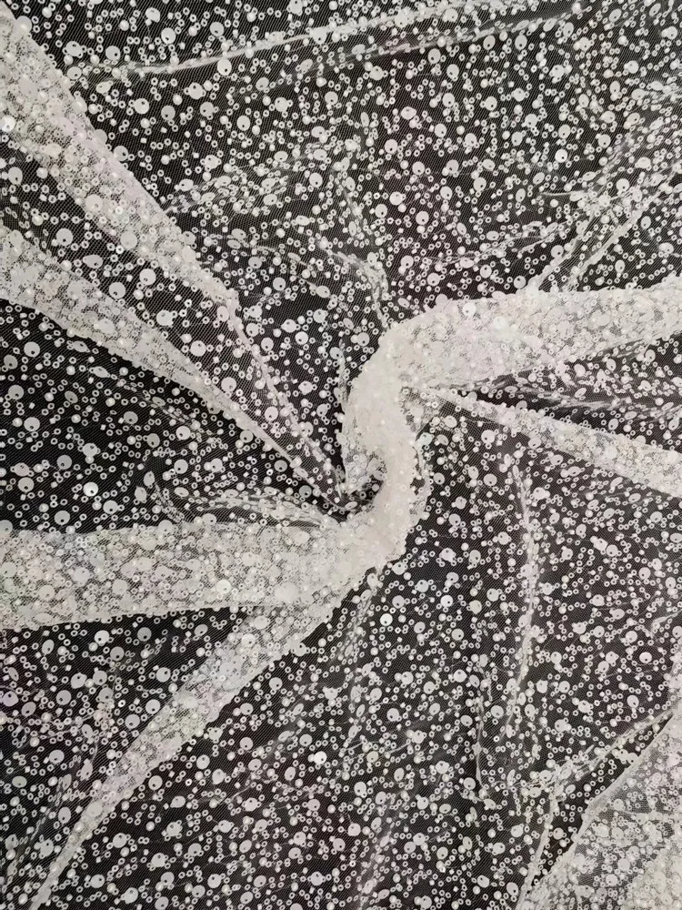 

Fresh Full Style Beaded Lace with Sequins Fabric Embroidery Customizable Tulle Trim for Bridal DIY Material