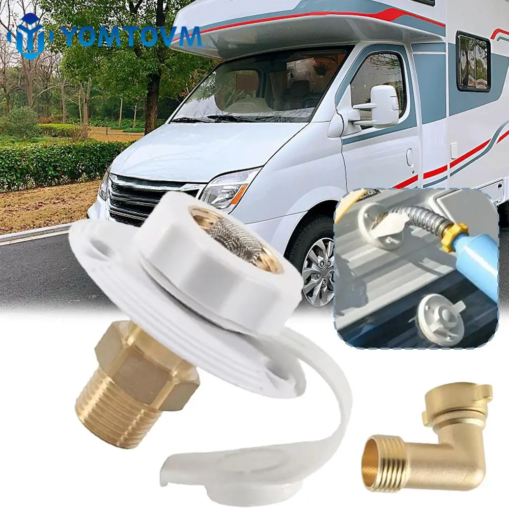 RV Camper Motorhome Trailer Marine White City Water Fill Inlet Flange Brass with Check Valve with Hose Elbow