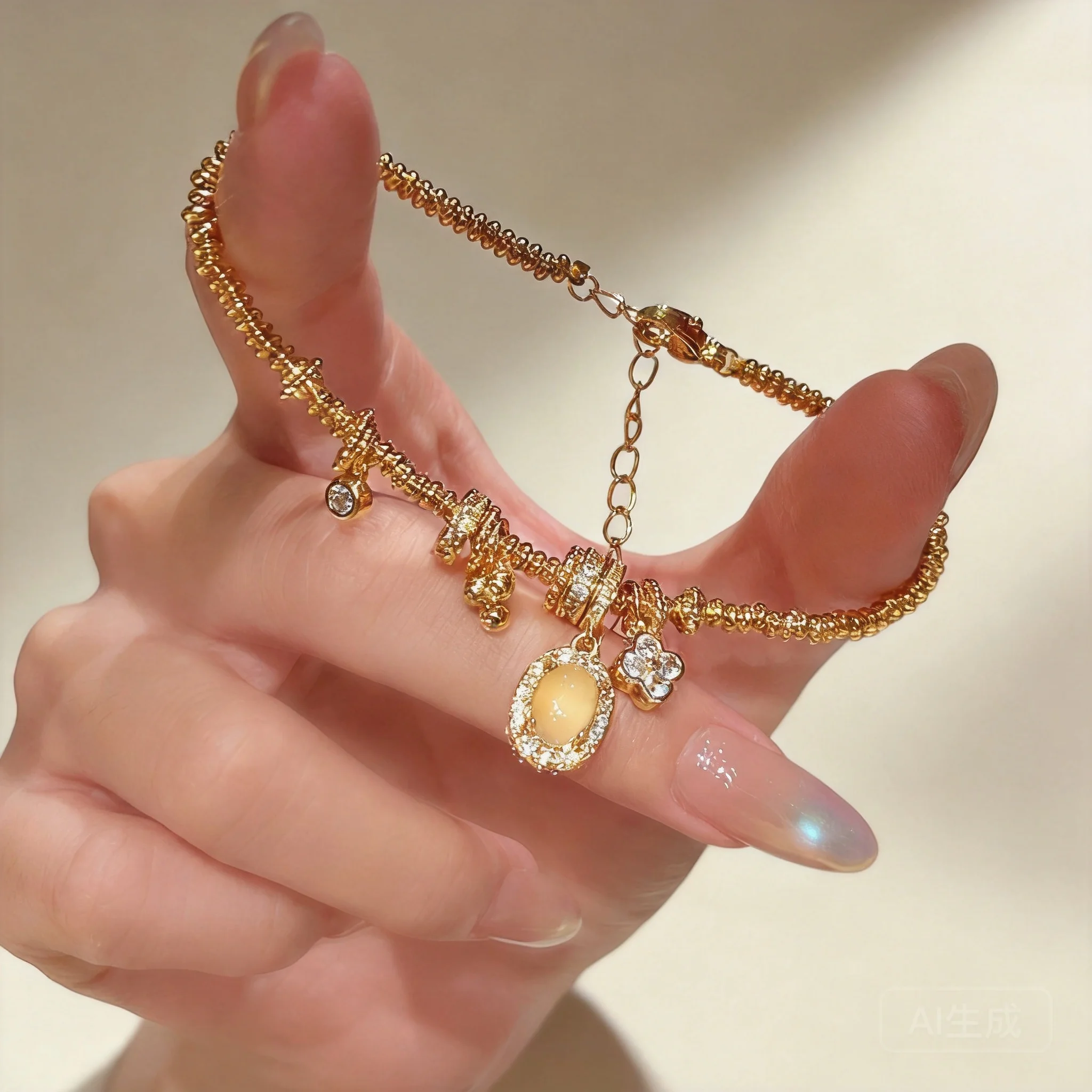 

Chinese Style Lucky Wealth Attracting Icy Glazed Coiled Bracelet Four Leaf Clover Cat Eye Bead Rhinestone Inlaid Gold Silver Ton