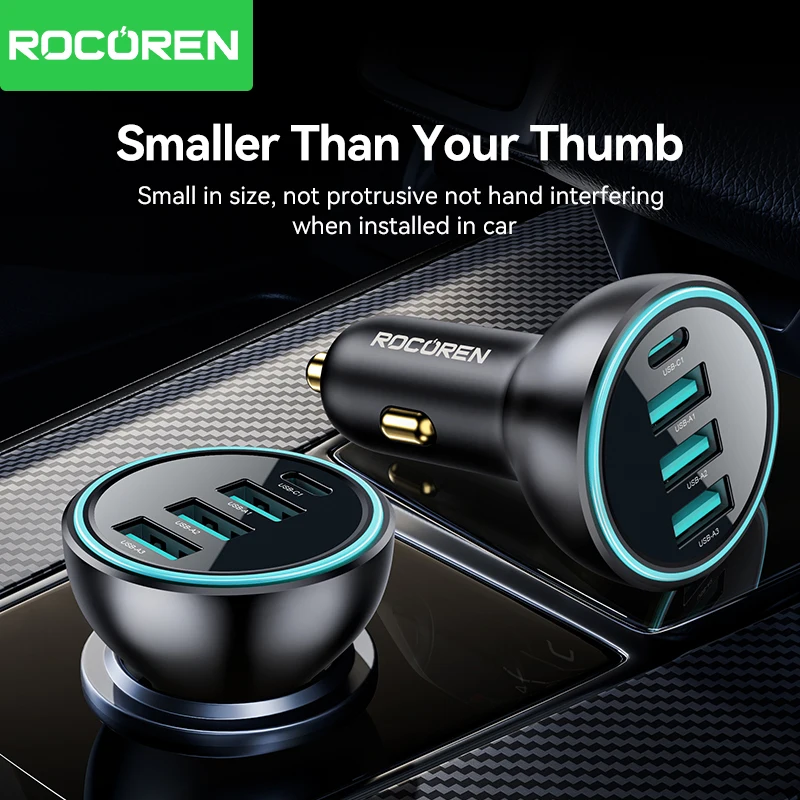 Rocoren 4 in 1 USB Type C 55W Car Charger QC3.0 Fast Charging Car Quick Charger Adapter for Car Audio iPhone 15 Xiaomi Samsung