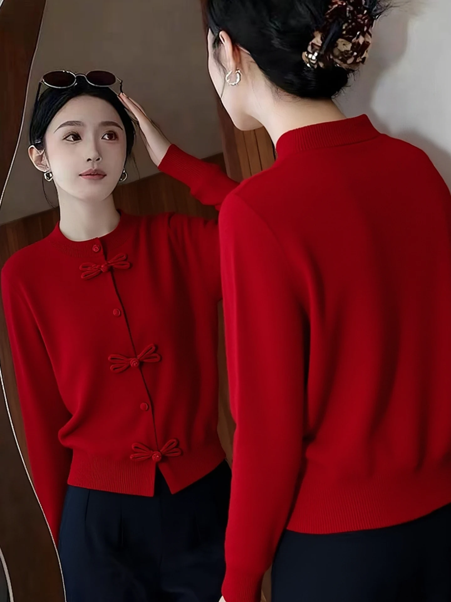 

Вязаный кардиган Ele ort для женщин, красный свитер с круглым вырезом, верхняя одежда для зимы, модный топ в корейском стиле