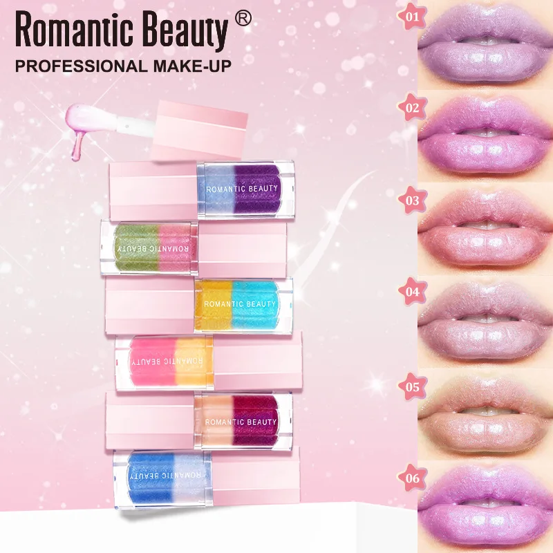 二層リップグロス - 上下で異なるパールカラー、重ね塗りで輝き、保湿オイルベースで塗りやすい