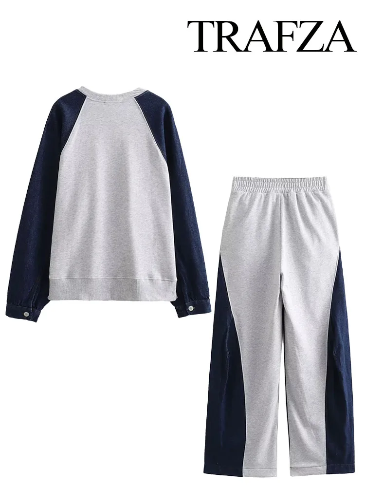 TRAFZA Grey And Navy Blue O-Neck Long Sleeve Buttons Pullovers+Elastic Waist Pockets Zipper Wide Leg Pants Female Loose Suits