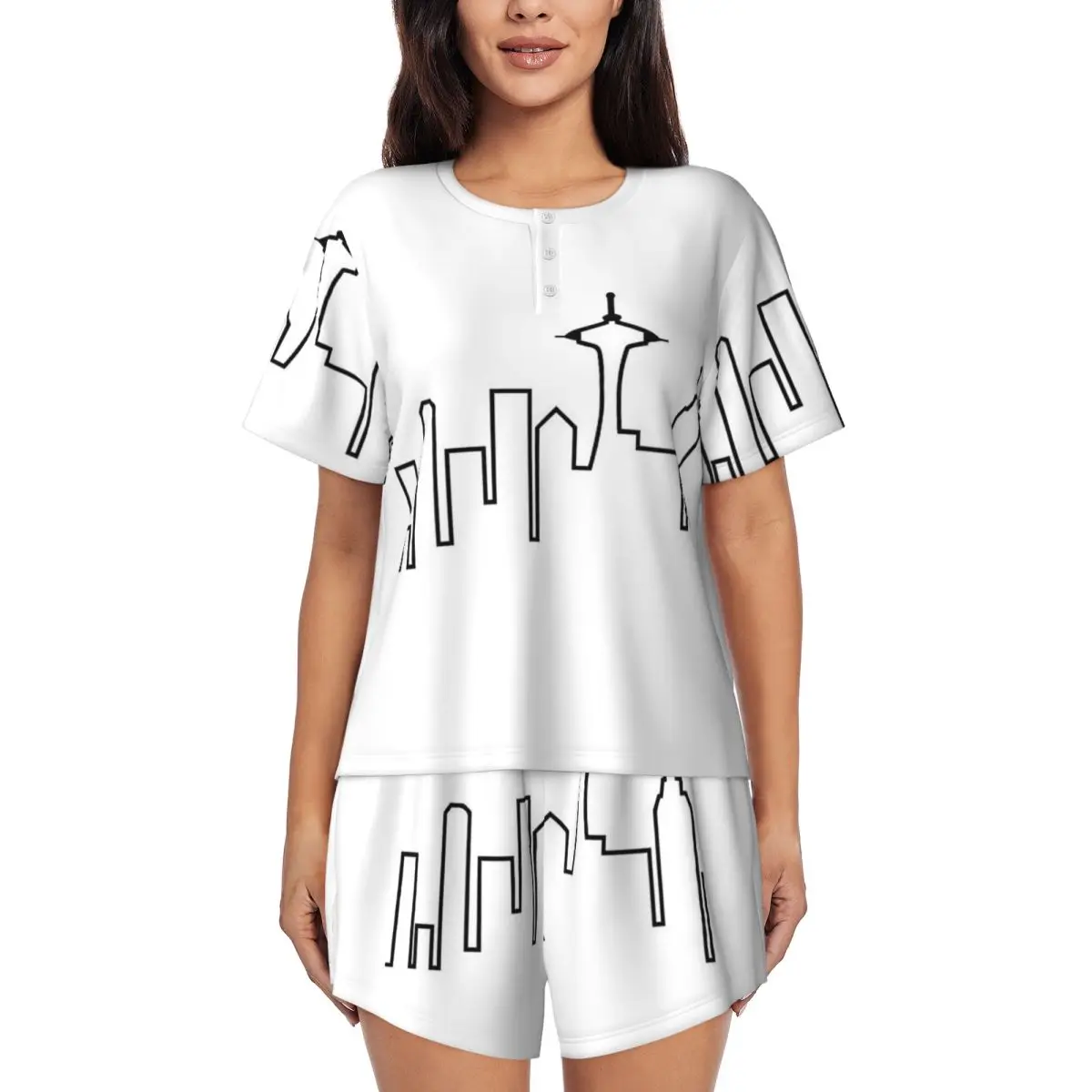 Frasier - Seattle Silhouette Round Neck Short Sleeve Nightgowns for Sleeping Sleepshirts Women Loose Pajama Set Short Pants