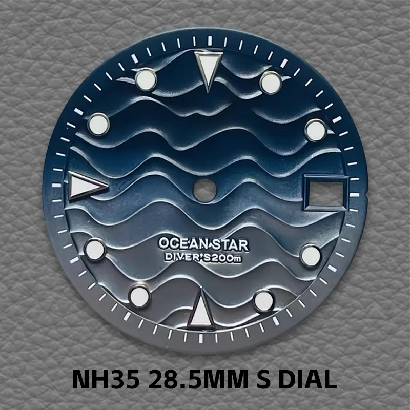 قرص NH35، شعار 28.5 مم S، قرص بنمط تموج، مضيئة خضراء، مناسبة لحركات NH35/NH36، ملحق الساعة الميكانيكية.