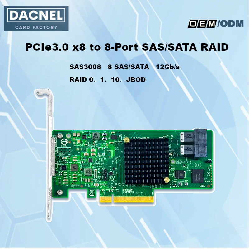 

PCIe3.0 x8 to 8-Port SAS/SATA RAID Card SAS3008 12Gb/s RAID0/1/10/JBOD UEFI