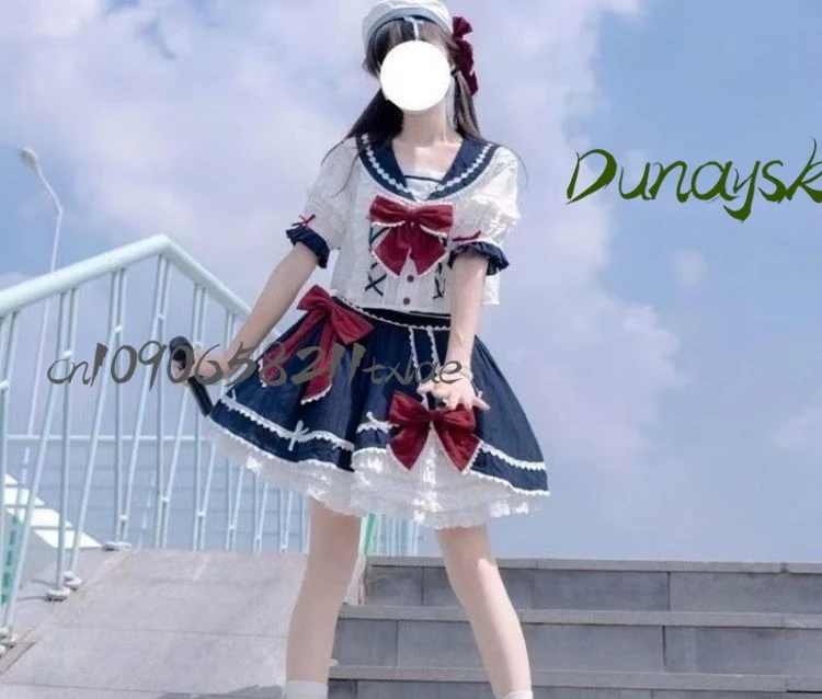 

Bow Sakura Hime Dresses Lolita Genuine Summer Cotton Short Sleeved JK Lo Skirt Pleated Ruffle Edge Sailor Suit OP Princess Dress