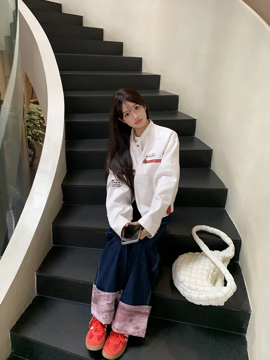 

Женское джато из искусственной кожи в американском стиле ретро с свободным дизайном и воротником, мотоциклетное пальто, оранжевое дерево, где это, осенняя мода, внешняя...