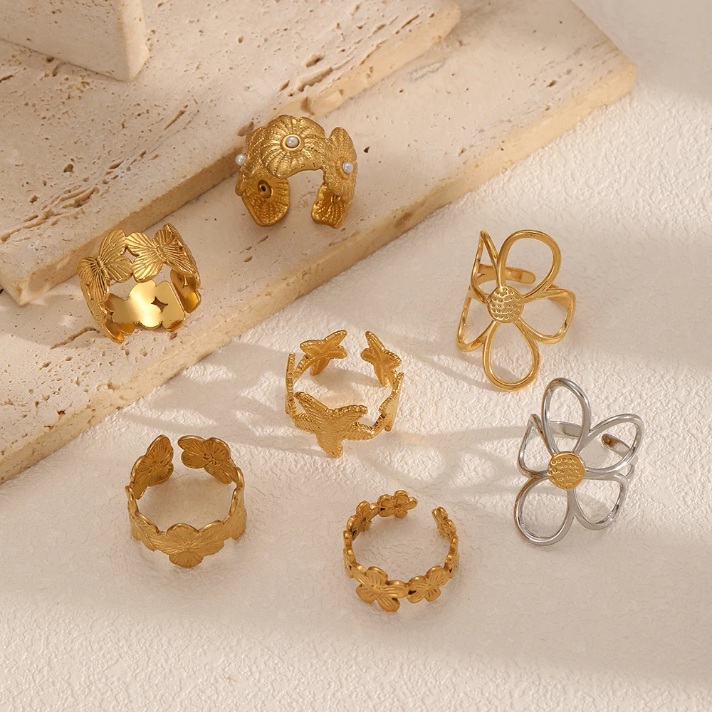 316L Edelstahl-Blumenringe 18K vergoldet Wasserdichter offener Ring Eleganter Schmuck für Damen Geschenk – Detail 1
