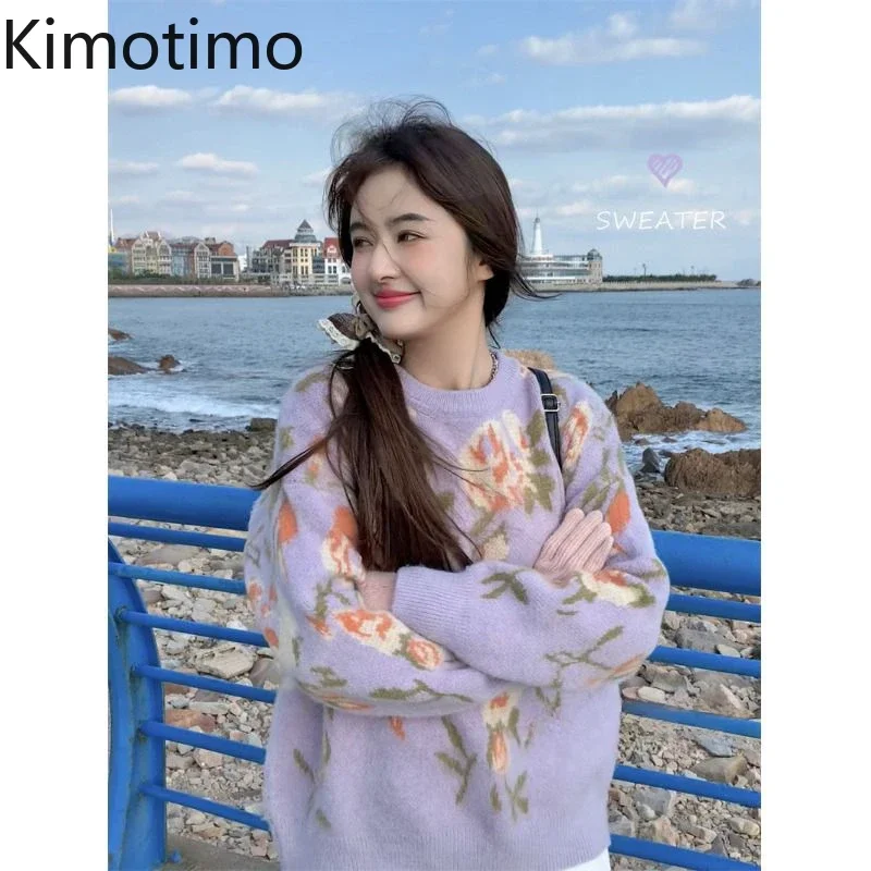 Kimotimo Purple Print Sweater Women Korean Sweet Soft Round Neck Loose Knitted Pullover autumn winter Vintage Casual Jumper Tops