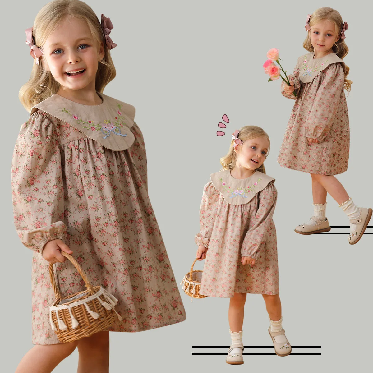 

French Vintage Dresses For Kids Clothing Girl Autumn Long Sleeve Floral Print Princess Dress Sweet Children'S Costume 2-8 Years