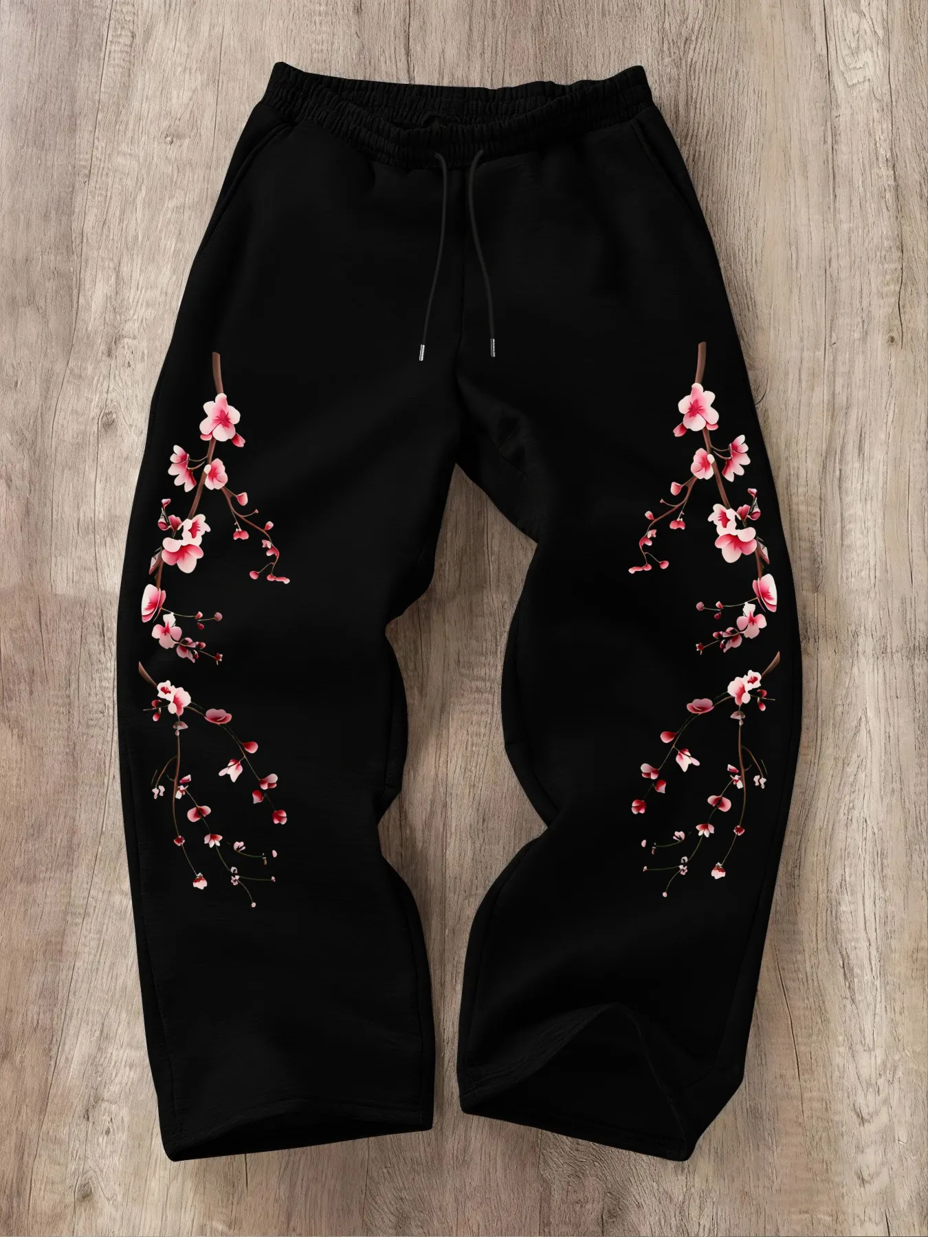 Men Polyester Straight Pants Breathable Plum Blossom Print Drawstring Elastic Waist Loose Trousers Trend  Sweatpants S-5XL