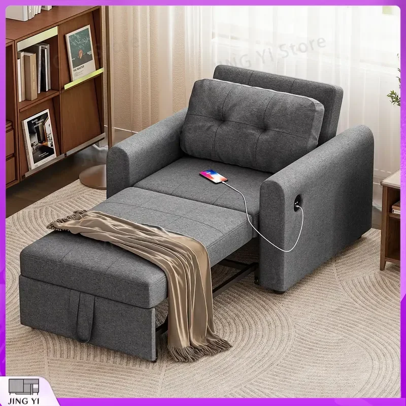 3-in-1 Convertible Sofa Bed Single Pull Out Sleeper Chair with USB Charging Port Side Pocket Living Room Guest Room Small