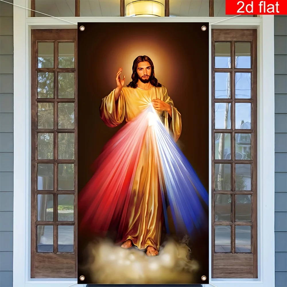 Flat Curtain 1pc Jesus Divine Mercy Front Porch Door Banner Polyester New Year Christmas Party Backdrop for Door Photo Decor