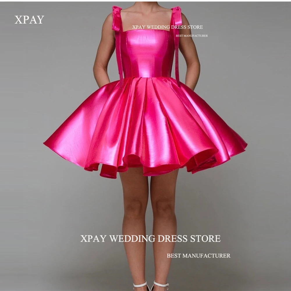 XPAY Shiny Pink Think Satin Short Prom Party Dresses For Wedding Party Straps Puff Mini Sexy Cocktail Dress Corset Back Gown