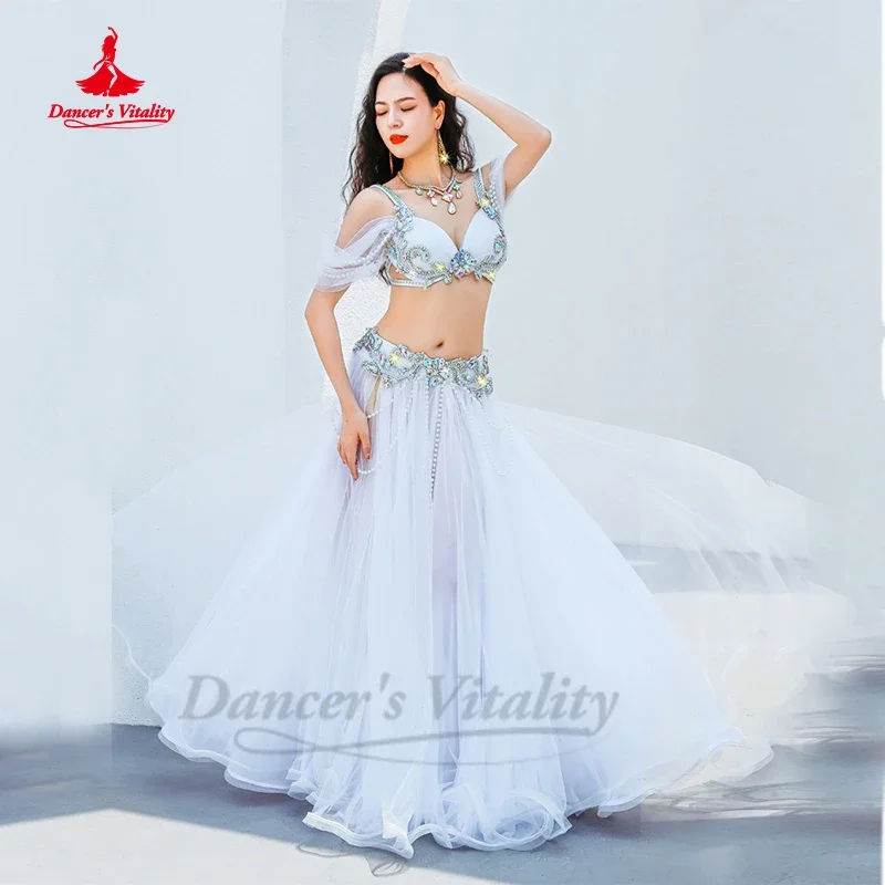 Belly Dance Performance Costume Senior AB Stones Bra Top+yarn Long Skirt 2pcs Customsized for Women Belly Dancing Popsong Suit